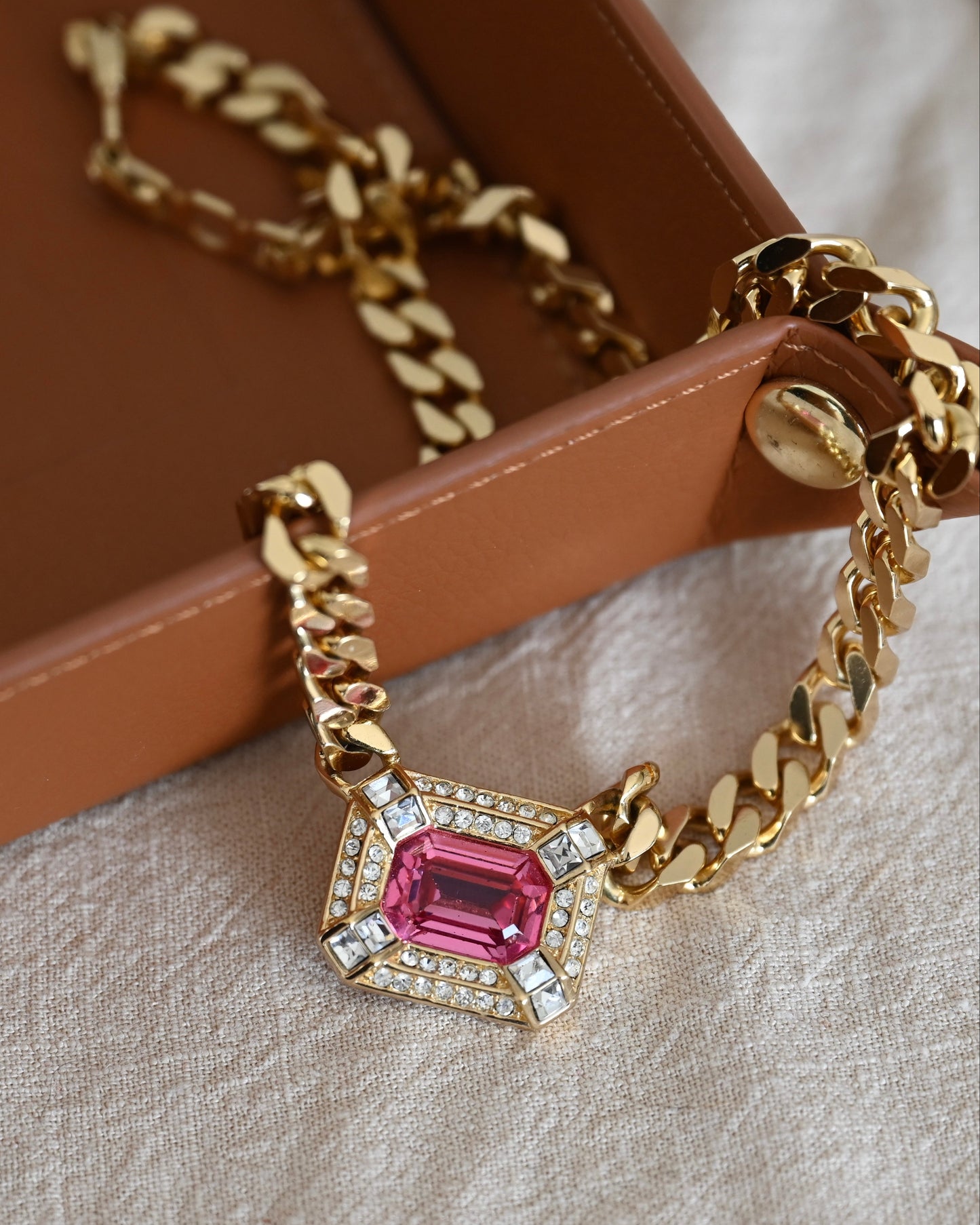 Vintage Christian Dior Rectangular Pink Rhinestone Gold-Tone Herringbone Chain Necklace