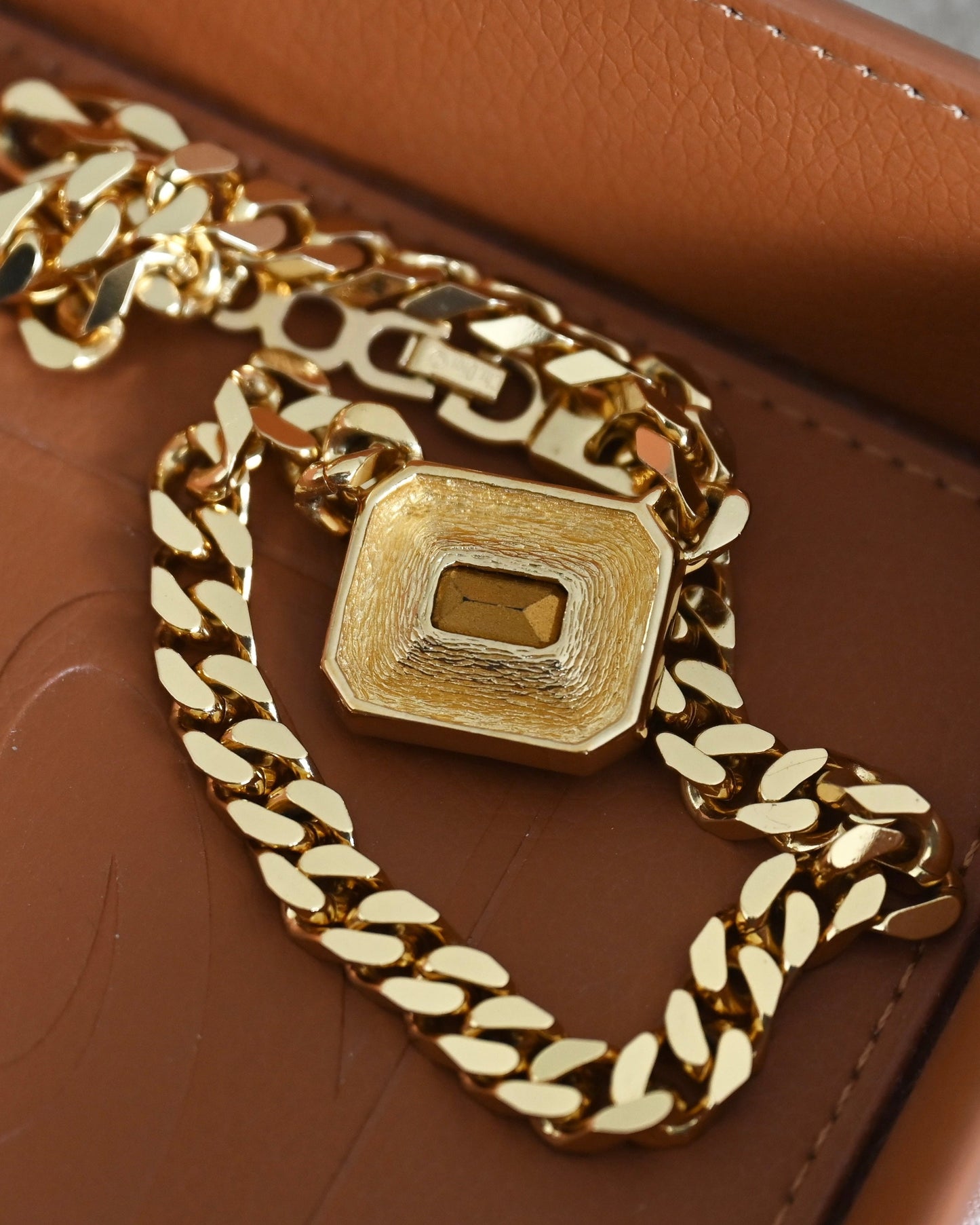 Vintage Christian Dior Rectangular Pink Rhinestone Gold-Tone Herringbone Chain Necklace