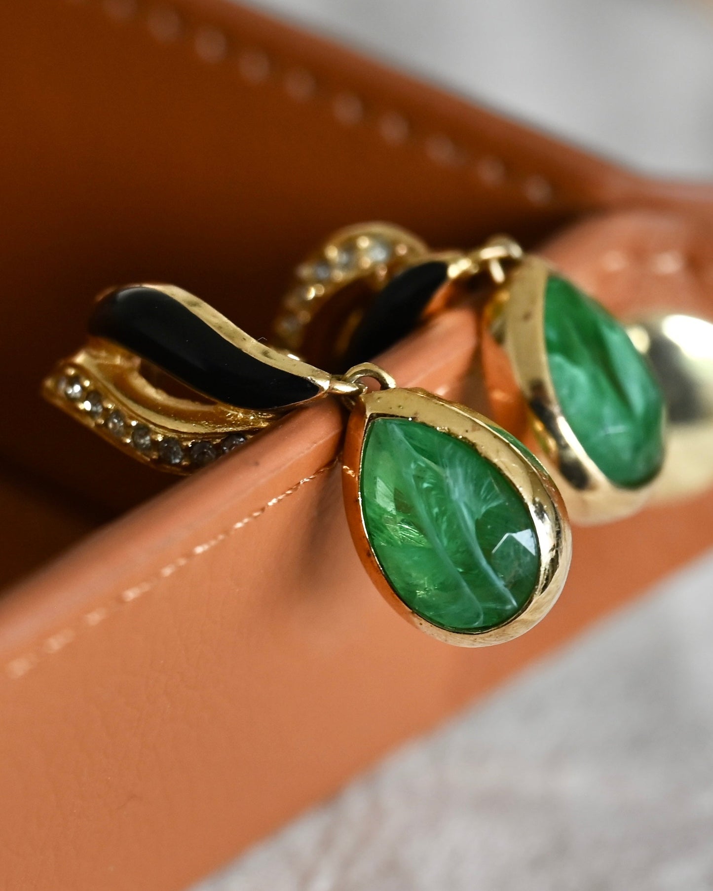 Vintage Christian Dior Teardrop Green Swirly Glass Cabochon Dangle Drop Black Enamel Rhinestone Gold-Tone Clip-On Earrings