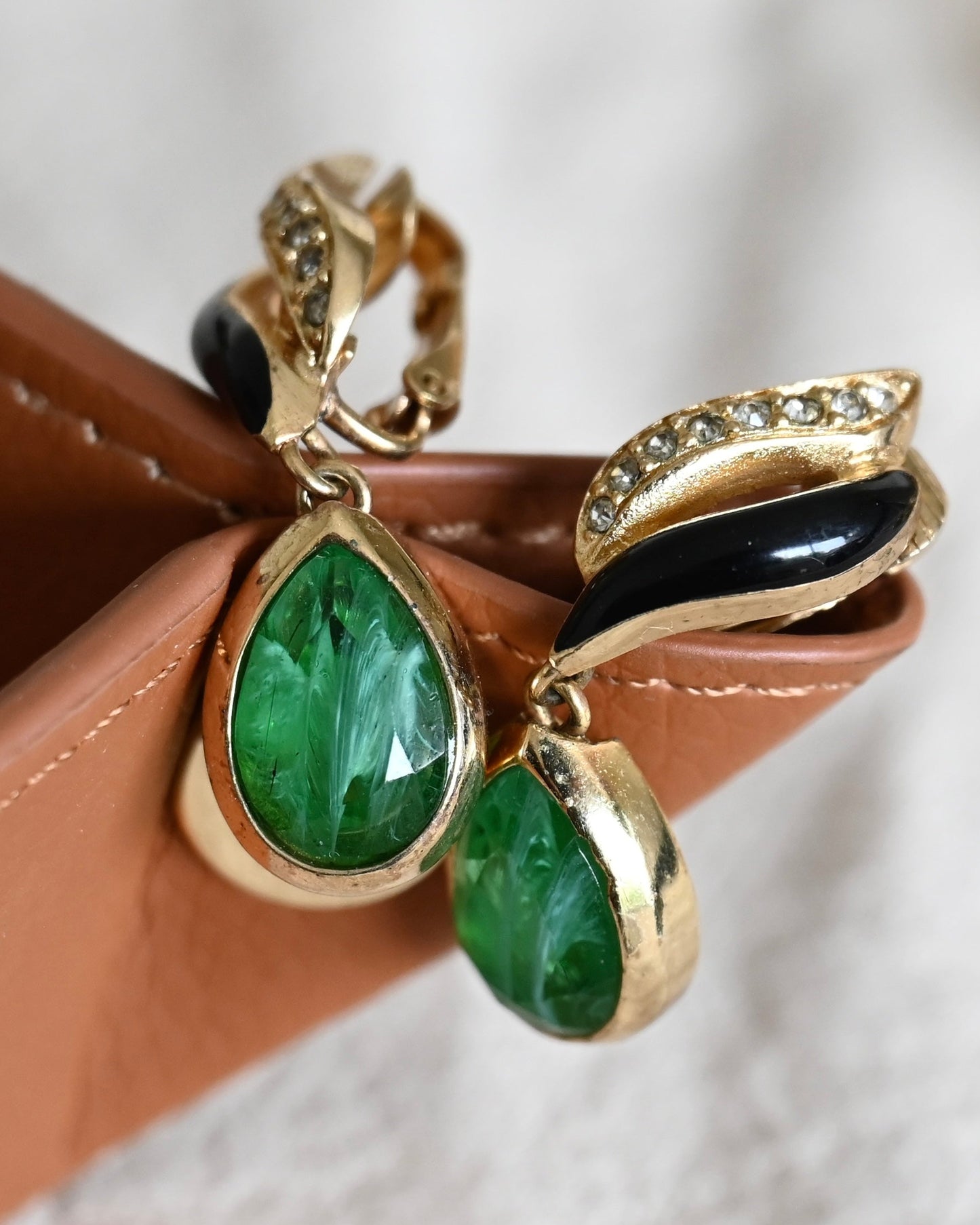 Vintage Christian Dior Teardrop Green Swirly Glass Cabochon Dangle Drop Black Enamel Rhinestone Gold-Tone Clip-On Earrings