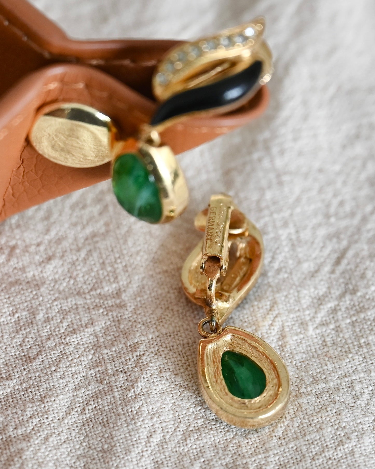 Vintage Christian Dior Teardrop Green Swirly Glass Cabochon Dangle Drop Black Enamel Rhinestone Gold-Tone Clip-On Earrings